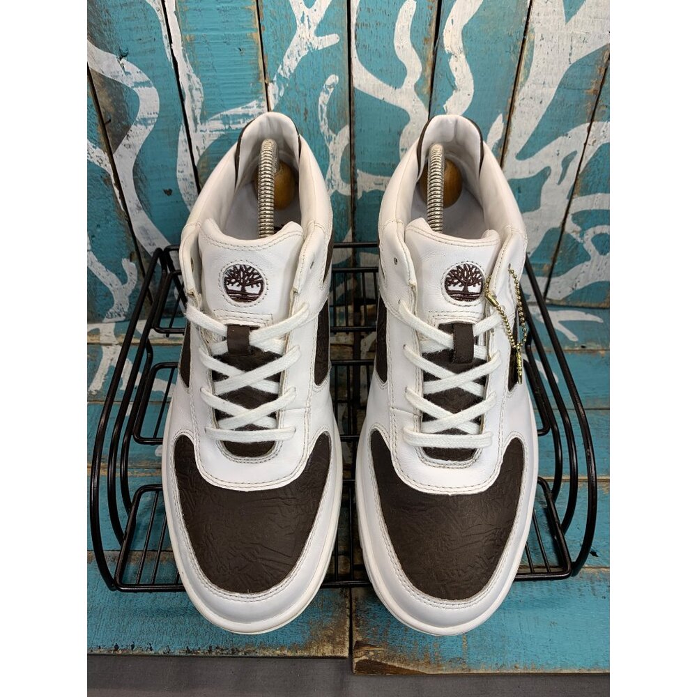 Rare Timberland White/Brown Lace Up Embossed Leather Mens 10.5M Casual Sneakers - Picture 2 of 9
